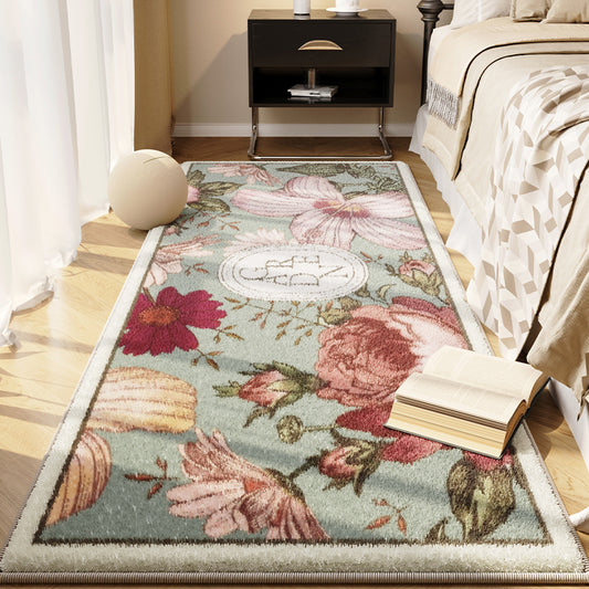 Floral Printed Crystal Velvet Runner Rug Non-Slip Washable Rectangular Bedside Carpet