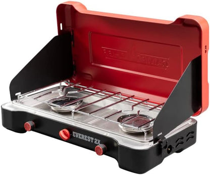 High Output Two-Burner Camp Stove - Lid Doubles as Windscreen - Portable Cooking Stove - For Outdoor Cooking - 20,000 BTU Burners - 215 Sq In Cooking Area