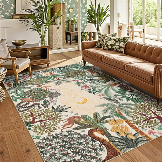Tropical Jungle Printed Crystal Velvet Area Rug Non-Slip Washable Rectangular Carpet (Multiple Designs)