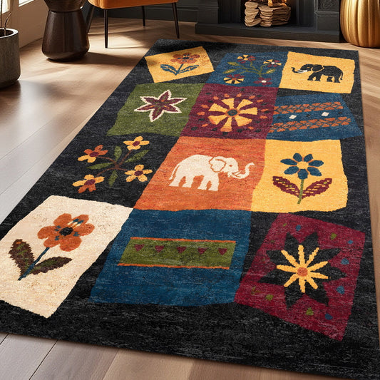 Medieval Patchwork Pattern Crystal Velvet Area Rug Non-Slip Washable Rectangular Carpet