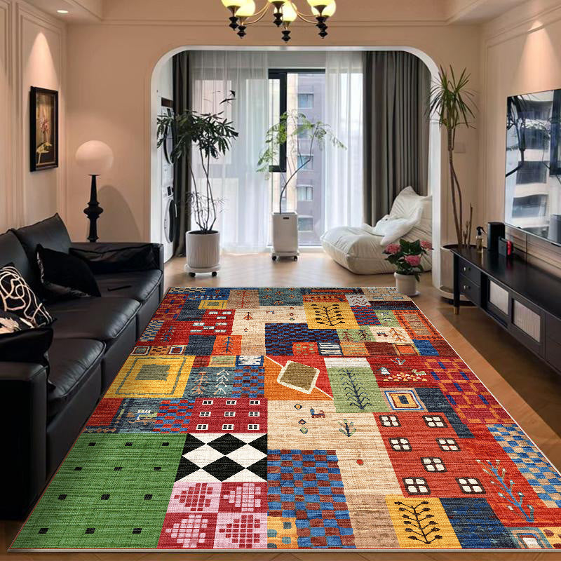 Colorful Patchwork Printed Crystal Velvet Area Rug Non-Slip Washable Rectangular Carpet