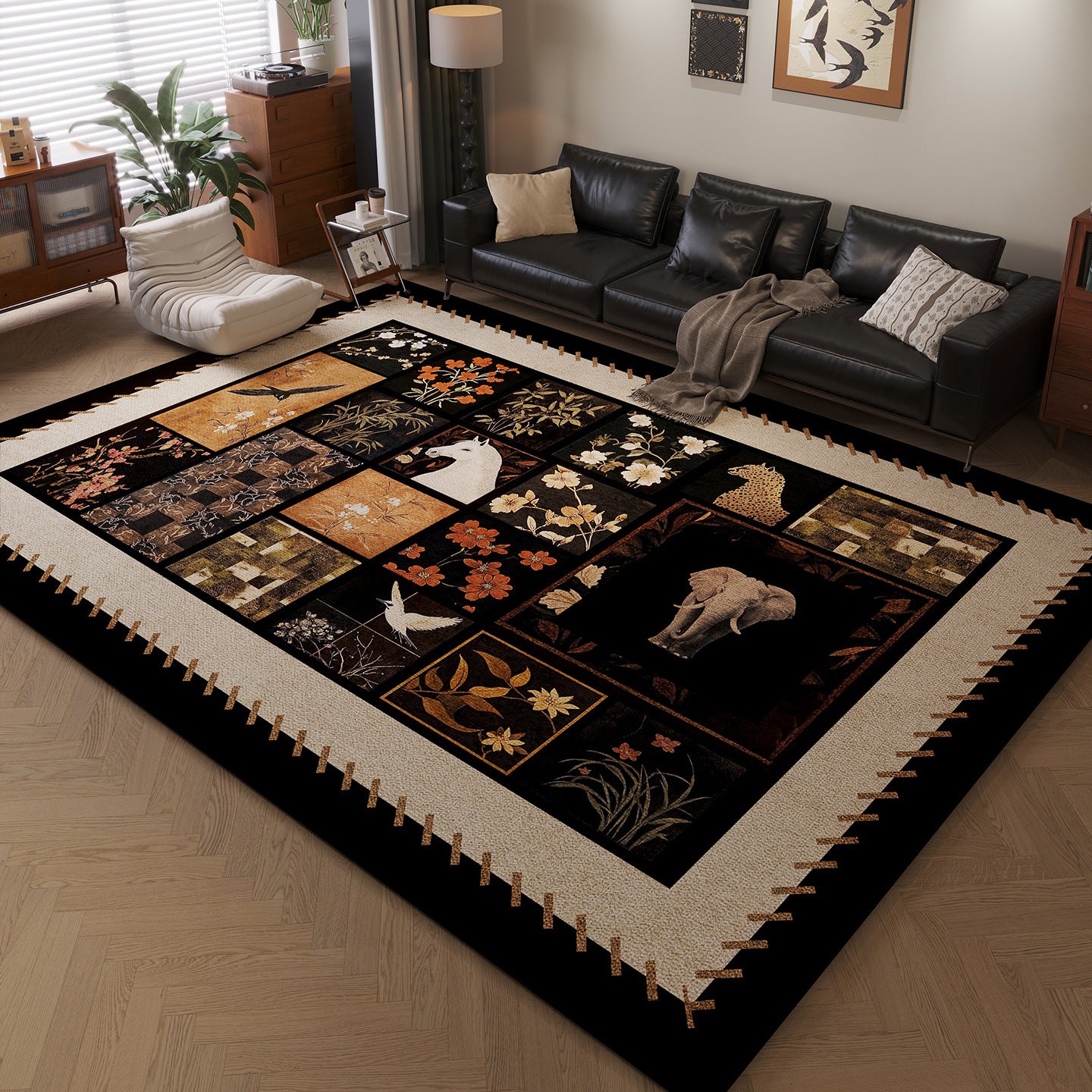 Vintage Printed Crystal Velvet Area Rug Non-Slip Washable Rectangular Carpet