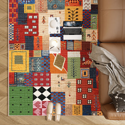 Colorful Patchwork Printed Crystal Velvet Area Rug Non-Slip Washable Rectangular Carpet