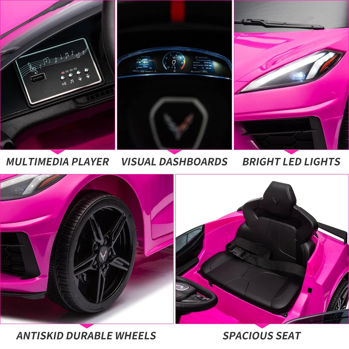 12V Kids Ride on Car Licensed Corvette Battery Powered Car Toddles Electric Sports Car Toy with Remote Control, Visual Dashboard, LED Lights, Music, Gifts for Boys Girls, Rose Red