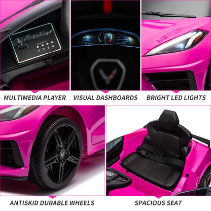 12V Kids Ride on Car Licensed Corvette Battery Powered Car Toddles Electric Sports Car Toy with Remote Control, Visual Dashboard, LED Lights, Music, Gifts for Boys Girls, Rose Red