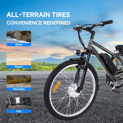26 Inch Adult 3 Wheel Electric Tricycle with Basket, Fat Tires,7 Speeds,350W Powerful Motor, 36V 10Ah Removable Battery – Dark Gray