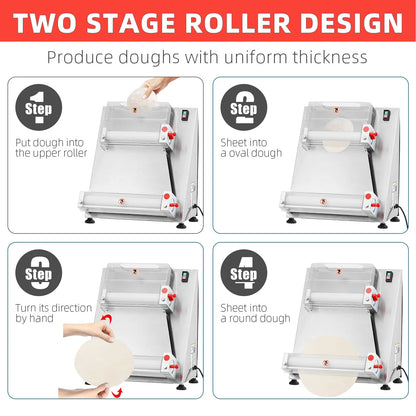 Commercial Pizza Dough Roller Sheeter, Max 16, Automatic 370W Electric Pizza Dough Roller, Stainless Steel, Suitable for Noodle, Pizza Bread and Pasta Maker Equipment